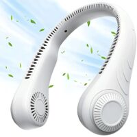 Portable neck fan, bladeless fan, 3 speed settings, 2500mAh battery powered, white.