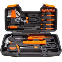 39-piece universal household tool kit with orange plastic toolbox storage box.
