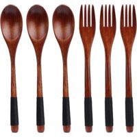 Wooden Spoons - Wooden Cutlery - Wooden Forks - Natural Wood Spoon and Fork Set - Long Handle - Japanese Style - Cutlery Set - Small Wooden Spoons - 6-Piece Set