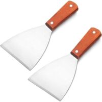 Two-piece stainless steel barbecue spatula and scraper set with beveled edges—flat blade tools suitable for food carts.