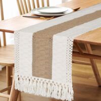 Table runner, 183cm x 30cm, woven farmhouse bohemian striped tablecloth, suitable for kitchen or dining room, tan color.