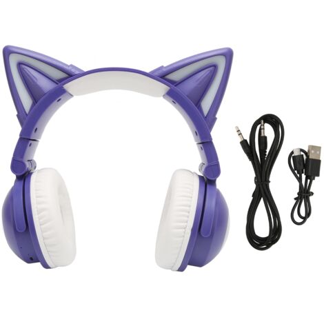 Casque Bluetooth Oreilles de Chat Stéréo Mignon avec Micro Intégré, LED Réglable pour Enfants, Câble 3.5mm Violet (1/5)