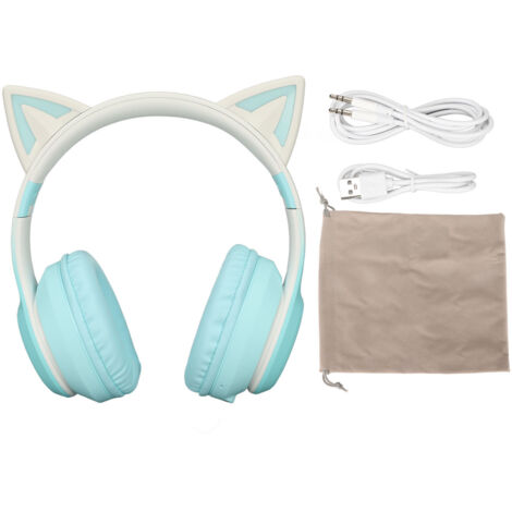 Casque Gamer Bluetooth sans Fil avec Oreilles de Chat, Micro Détachable, Lumière LED, Câble 3.5mm, Repliable, Vert (1/5)