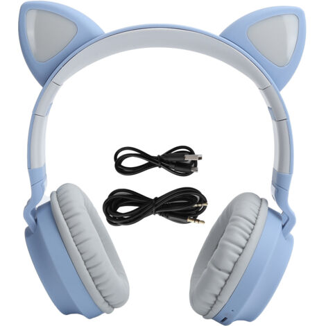 Casque Bluetooth 5.0 sans fil pliable avec oreilles de chat LED 3D et micro - Gris bleu (1/5)