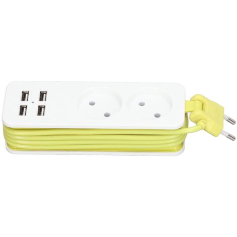 Multiprise 4 Ports USB et 2 Prises Secteur 1200W, Chargeur Rapide pour Téléphone et PC, Câble EU 250V, Blanc Vert (1/5)