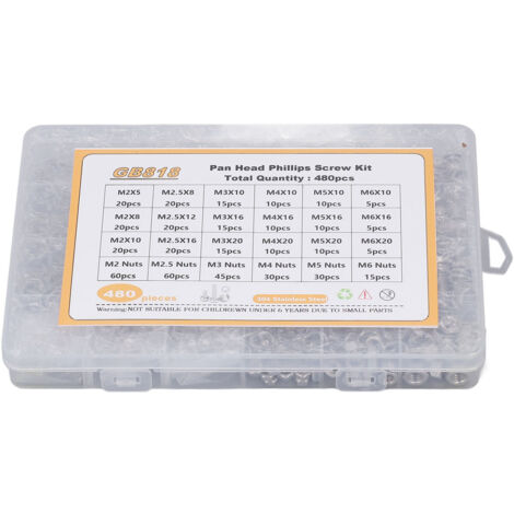 480 Pièces Kit de Fixation Inox 304, Vis Cruciformes à Tête Bombée avec Écrous et Rondelles M2 à M6 (1/5)