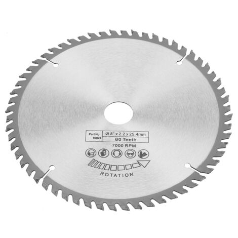 Lame de scie circulaire 200 mm à dents carbure pour bois massif, 60 dents avec bague d'adaptation.