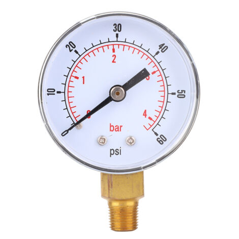Manomètre 50mm avec raccord inférieur 1/8 BSPT pour fluides (air, eau, huile, gaz) - 0-60 PSI / 0-4 bar (1/5)