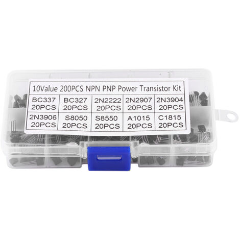 Assortiment de 200 transistors silicium pour projets électroniques, incluant BC337, BC327, 2N2222, 2N2907, 2N3904, 2N3906 (1/5)