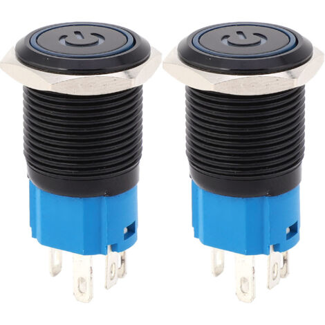 2PCS Interrupteur Bouton-Poussoir Auto-bloquant Noir IP65 LED 16mm avec Symbole (Bleu 3-6VDC) (1/5)