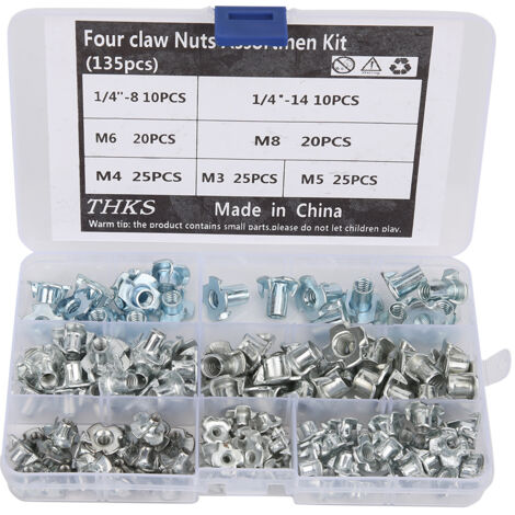 Assortiment de 135 écrous à griffes en acier carbone pour fixation meubles et portes d'armoire (1/5)
