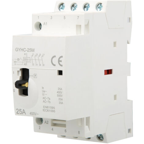 Contacteur 4 pôles 25A 230V AC avec bouton poussoir manuel 4NO pour montage sur rail DIN résidentiel (1/5)