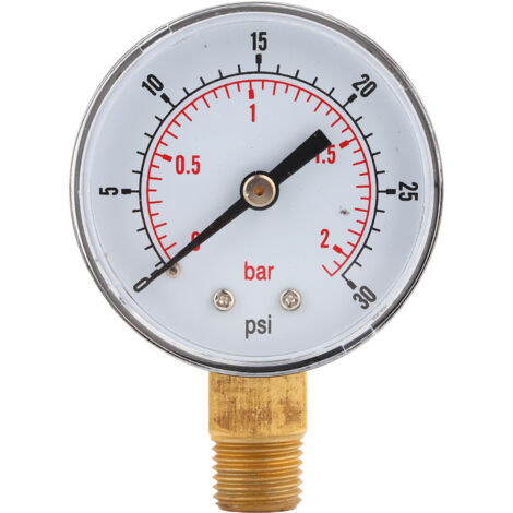 Manomètre laiton 50mm, filetage 1/4 BSPT pour gaz, huile, eau, air (0-30 PSI, 0-2 bar) (1/5)