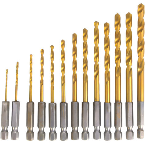Jeu de 13 forets HSS 1/4" pour perçage métal, bois et plastique, diamètres 1,5 à 6,5 mm