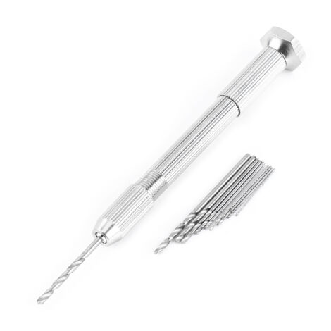 Perceuse manuelle argentée avec 10 forets HHS pour circuits imprimés et horlogerie (1/5)