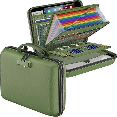 Boîte de rangement ignifugée avec serrure, boîte de rangement ignifugée à coque rigide avec couvercle de protection, classeur accordéon à 13 compartiments, coffre-fort portable vert pour la maison, le