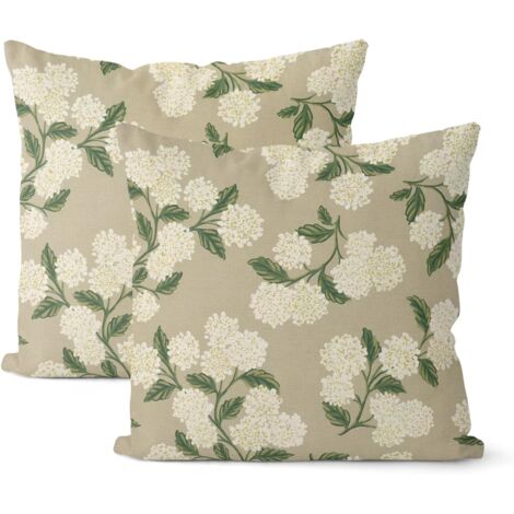 Taie d'oreiller beige printanière 45,72 x 45,72 cm, 2 coussins décoratifs vert kaki à motif d'hortensias, style rétro floral, saisonnier, estival, extérieur, housse de coussin, jeté de lit en lin. (1/5)