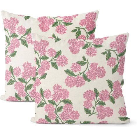 Taie d'oreiller rose printanière style universitaire, 45,72 x 45,72 cm, lot de 2. Coussin décoratif orné d'hortensias verts, style floral vintage, idéal pour l'été et l'extérieur, parfait pour un cana (1/5)