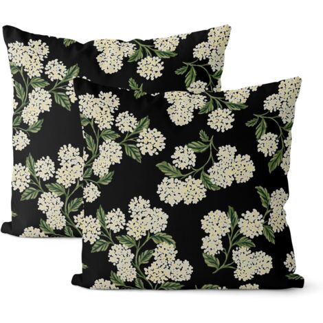 Taie d'oreiller noire printanière 45,72 x 45,72 cm (2 pièces) Coussin décoratif d'extérieur à motif d'hortensias verts, idéal pour l'été. Housse de coussin en lin, parfaite pour le canapé. (1/5)