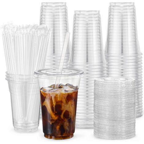 [100 lots - 473 ml] Gobelets en plastique transparents avec couvercles et pailles, jetables, parfaits pour les cafés glacés, smoothies, milkshakes et autres boissons froides.