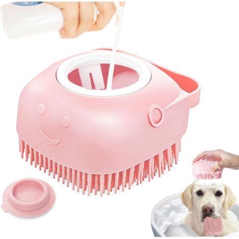 Brosse de bain en silicone souple, adaptée aux chiens et aux chats - boîte de rangement intégrée pour distributeur de shampoing - massage et toilettage doux pour poils courts et longs (rose) (1/5)