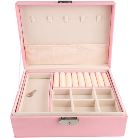 Boîte à bijoux 2 niveaux amovible, coffret cadeau pour colliers et bagues en simili cuir rose (1/5)