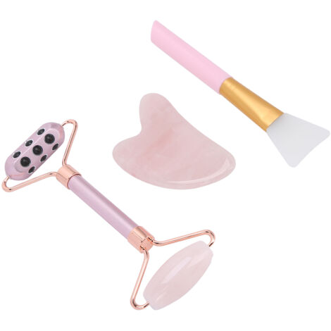 Rouleau de Gua Sha en Quartz Rose, Outil de Massage Facial et Brosse à Masque - Kit Beauté