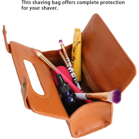 Trousse de toilette marron en simili cuir pour rasoir et produits cosmétiques, portable et compacte. (1/5)