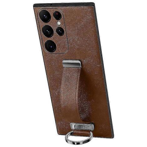 Étui souple en cuir avec anneau métallique, compatible avec Samsung Galaxy S23 Ultra/S23 Plus/S23, avec dragonne et support intégré - S23 - Marron (1/5)