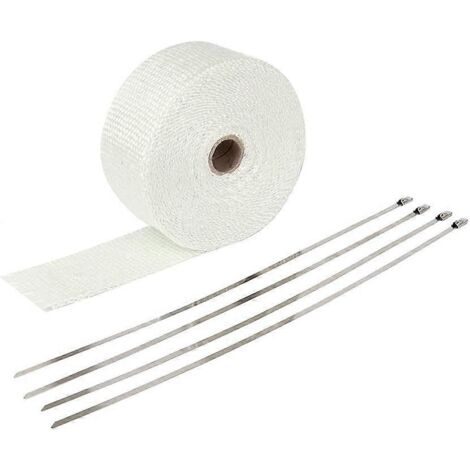 Rouleau de 5 cm x 10 m de bande thermique d'échappement pour moto, ruban de protection thermique en fibre de verre avec 4 attaches en acier inoxydable. (Noir) - Blanc (1/5)
