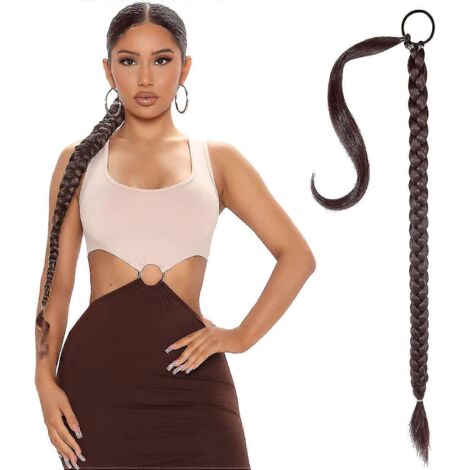 Extension de queue de cheval tressée à faire soi-même avec élastique, tresse lisse, cheveux synthétiques doux et naturels, 80 cm - Brun foncé (1/5)