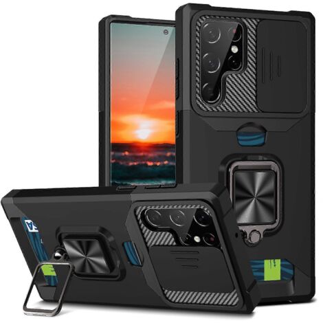 Étui de protection renforcé Armor pour Samsung Galaxy S23, S23+ et S23 Ultra, avec cache-objectif coulissant et support magnétique - Noir (1/4)