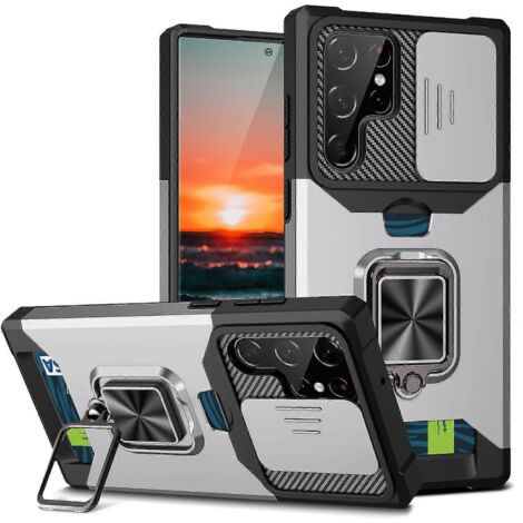Étui de protection renforcé Armor pour Samsung Galaxy S23, S23+ et S23 Ultra, avec cache-objectif coulissant et support magnétique - Samsung Galaxy S23 - Argent (1/4)