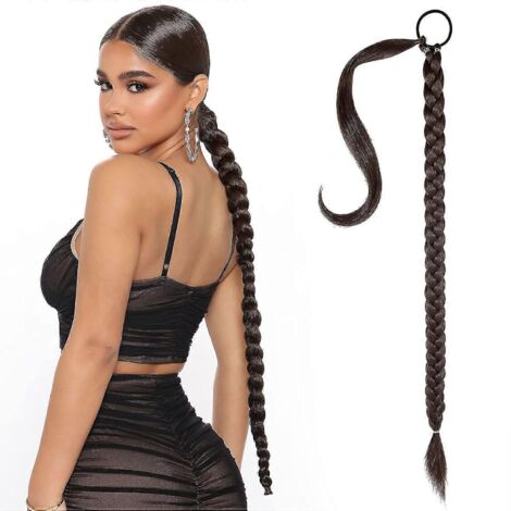 Extension de queue de cheval tressée à faire soi-même avec élastique, tresse lisse, cheveux synthétiques doux et naturels, 80 cm - Noir chocolat marron (1/5)