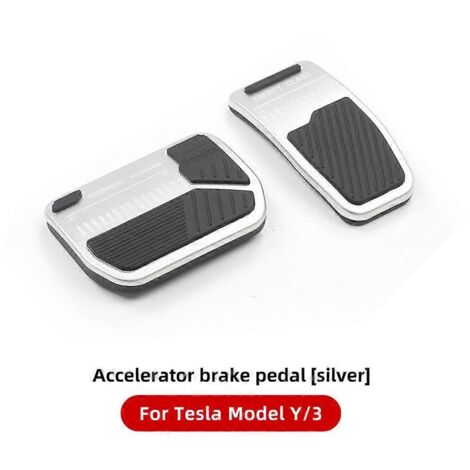 Accessoires pour Tesla Model 3 et Model Y (2021-2023) : couvre-pédales sport antidérapant en alliage d'aluminium (accélérateur, frein, pédale de frein) - Argenté. (1/5)
