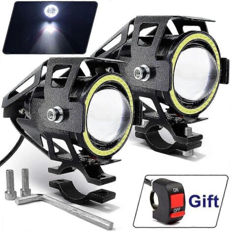 Lot de 2 phares Angel Eyes pour moto, 125 W, projecteur LED U7, feux de brouillard auxiliaires pour voiture, feux de jour (DRL) - Blanc avec interrupteur (1/4)