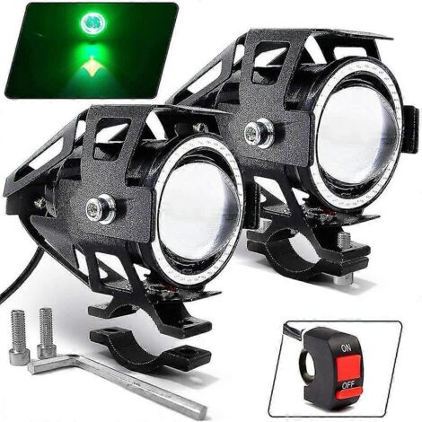 Lot de 2 phares Angel Eyes pour moto, 125 W, projecteur LED U7, feux de brouillard auxiliaires pour voiture, feux de jour (DRL) - Vert avec interrupteur (1/4)