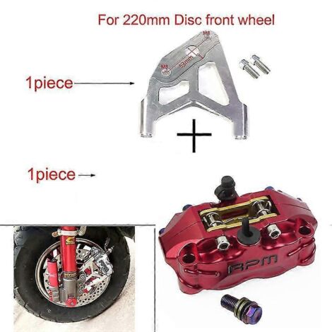 Étrier de frein à disque pour moto, 200 mm/220 mm, avant/arrière, 4 pistons, montage radial, vitesse de rotation de 82 mm, compatible scooter, moto cross, pit bike et Grom - Support B rouge 220 mm (1/5)