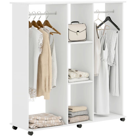 Armoire penderie blanche 120x40x128 cm, meuble de rangement mobile avec 6 roulettes, bois blanc, penderie à roulettes, rangement vêtements sur roues, armoire dressing légère et pratique. (1/5)