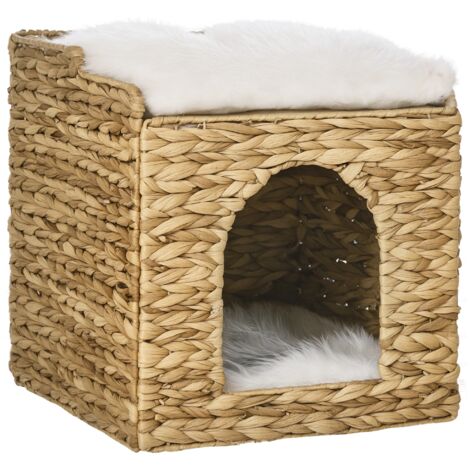 Niche pour chat 2 étages avec 2 coussins en jacinthe d'eau, 37,5 x 37,5 x 41,5 cm, marron et crème. Maison confortable pour félin, lit superposé avec coussins amovibles, design naturel et élégant. (1/5)