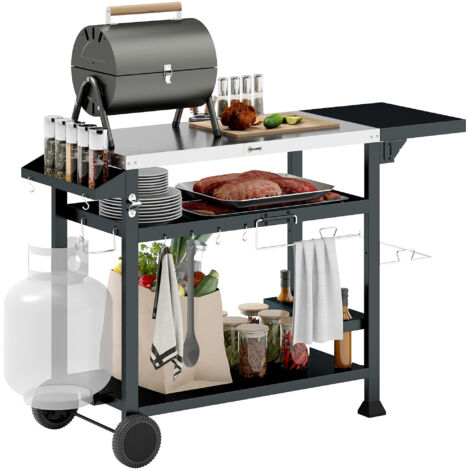 Chariot barbecue plancha inox, multi-équipements, 6 crochets, tablette rabattable, 2 roulettes, support pour cuisson extérieur, rangement jardin, robuste et mobile. (1/5)