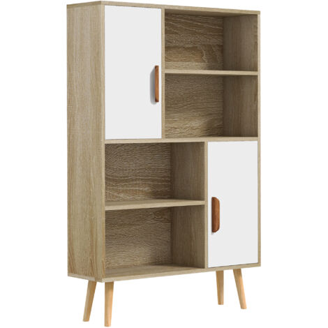 HOMCOM Bibliothèque scandinave 4 niches + 2 placards avec étagère, rangement en bois massif chêne, 80 x 24 x 123 cm, pieds effilés inclinés, meuble salon design. (1/5)