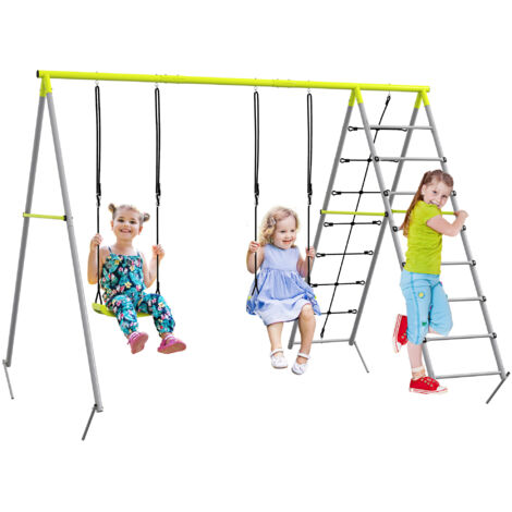 Balançoire 4 en 1 pour enfants avec portique vert, 2 sièges balançoire, échelle d'escalade et filet d'escalade, jeu extérieur amusant et sécurisé. (1/5)