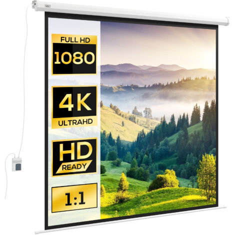 Écran motorisé 96 pouces 1:1, projection 4K HD, fixation murale ou plafond, télécommande incluse, dimensions 195x8x182 cm, écran rétractable électrique pour home cinéma.
