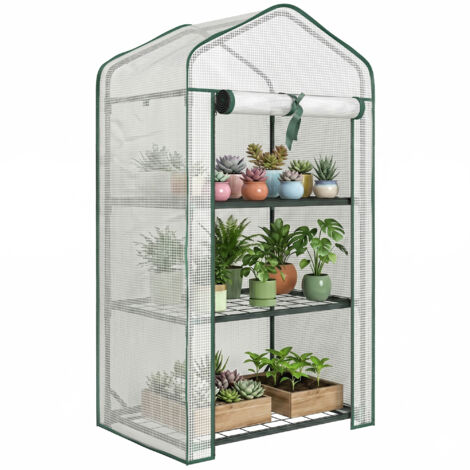 Étagère de jardin 3 niveaux 59x39x127 cm, métal thermolaqué vert, PE haute densité 140g/m² blanc, serre extérieur polyvalente, rangement plantes et pots, structure solide et légère. (1/5)