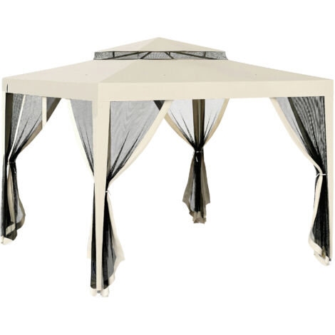 Tonnelle barnum jardin 3x3 m avec 4 moustiquaires amovibles, double toit beige - abri extérieur imperméable, gazebo pliant pour terrasse, protection solaire et vent (1/5)