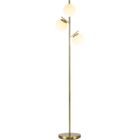 Lampadaire en métal doré, 3 globes blancs verre dépoli Ø 27 cm, hauteur 169 cm, idéal salon moderne, éclairage design 40W, pied salon luminaire élégant. (1/5)