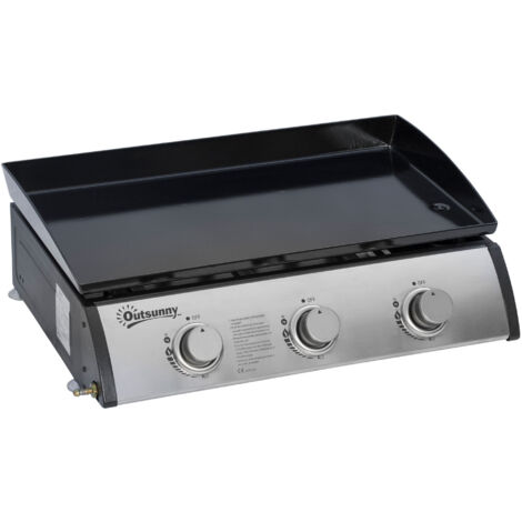 Plancha gaz inox 3 brûleurs 9 kW, antiadhésive, grande surface gril 61x35,5 cm, cuisson uniforme, idéale pour extérieur. (1/5)