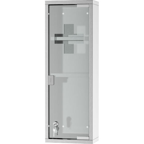 Armoire de pharmacie murale Kleankin, 2 étagères 3 niveaux, 20L x 12l x 58H cm, porte en verre trempé, symbole croix, acier inoxydable, rangement salle de bain, meuble suspendu. (1/5)
