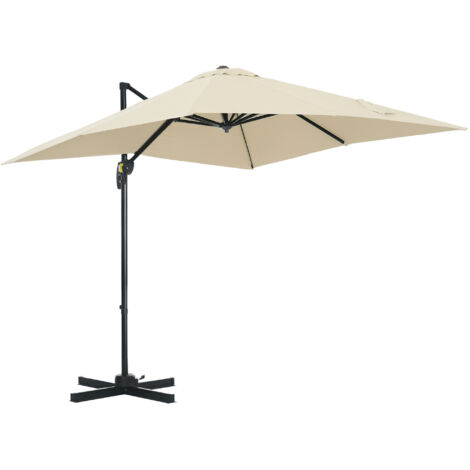 Parasol carré déporté inclinable 2,5x2,5 m avec manivelle, pied acier rotatif, toile polyester crème, structure aluminium, idéal terrasse jardin. (1/5)